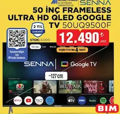 SENNA 50 İNÇ FRAMELESS ULTRA HD QLED GOOGLE TV AKILLI TELEVİZYON 50UQ9500F